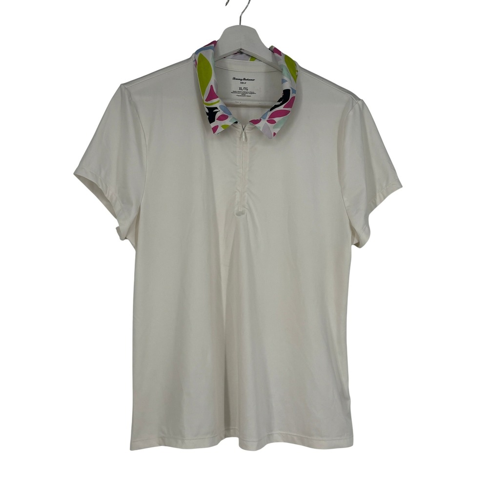 Tommy Bahama Golf Womens XL White Short Sleeve Quarter Zip‎ Polo Printed Collar